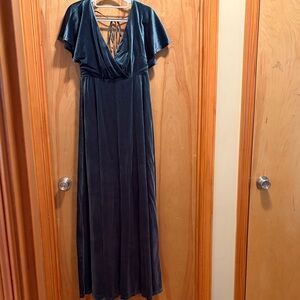 Velvet Deep Teal Maxi Dress with V-Neck and Tie Back